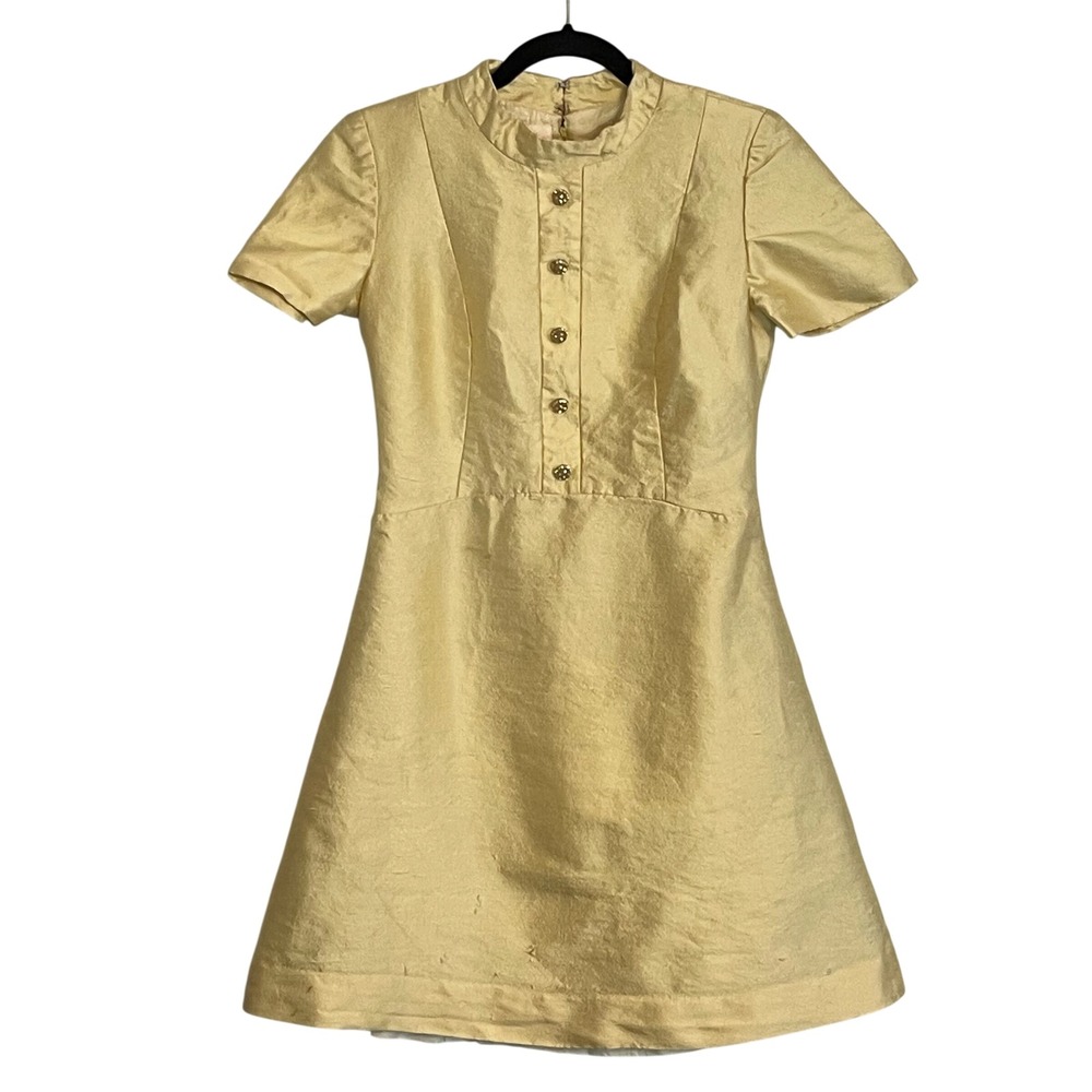 Vintage 60s Maxime of California Yellow Shantung Shift Dress Rhinestone Button